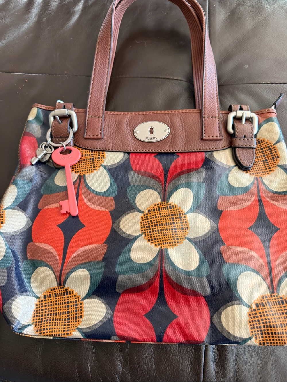 Fossil Multicolor Floral Tote with Brown Trim